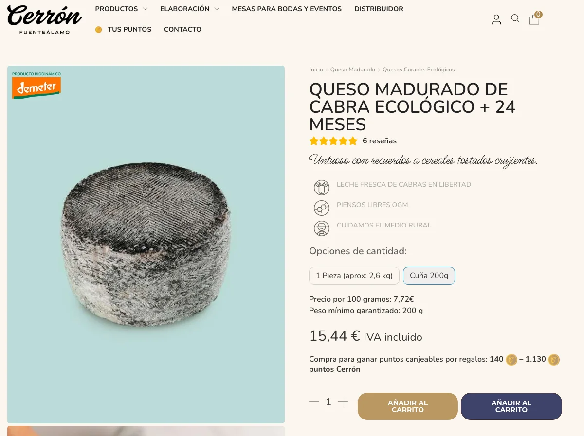 Ficha de producto de la nueva tienda con reseñas, opciones de peso, puntos y Apple Pay